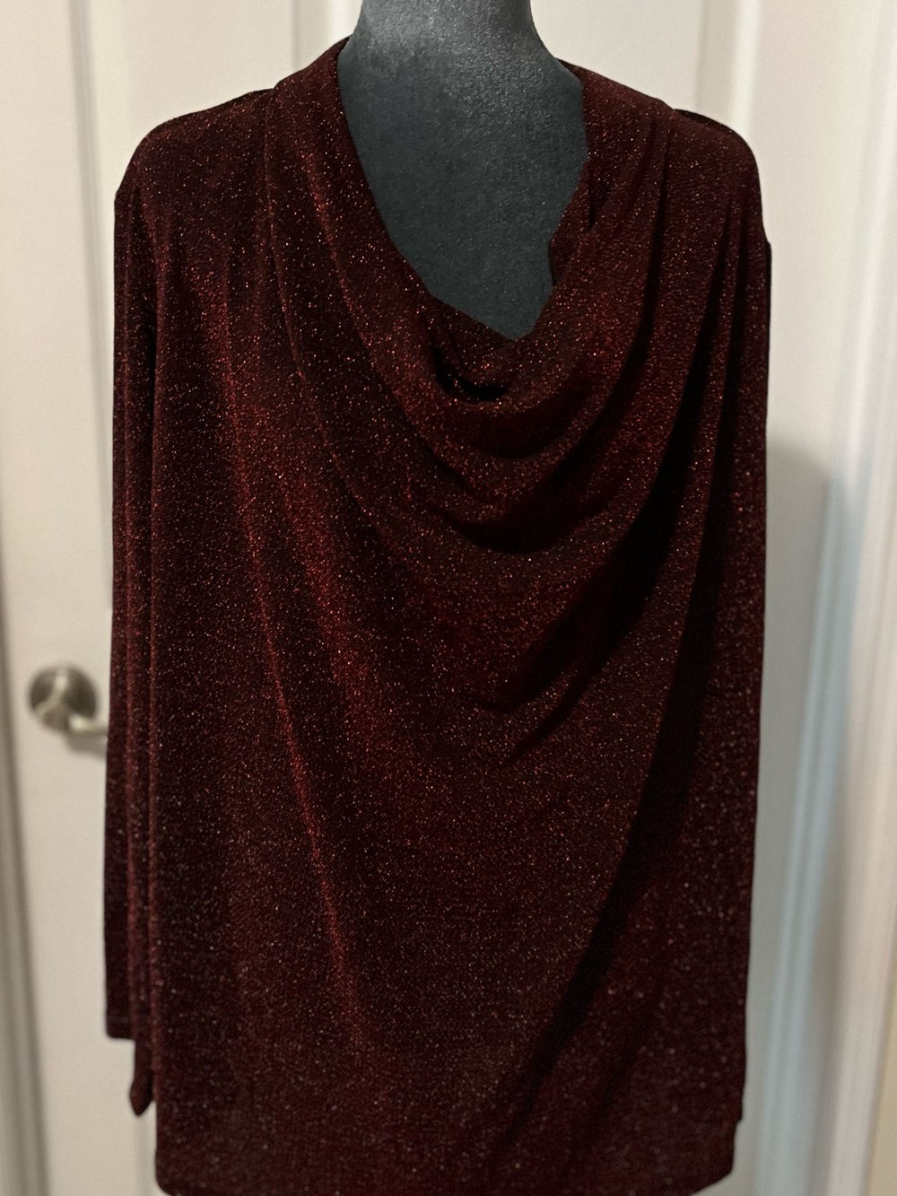 1X Carmen Marc Valvo Sparkle Cowl Neck Top in Deep Burgundy